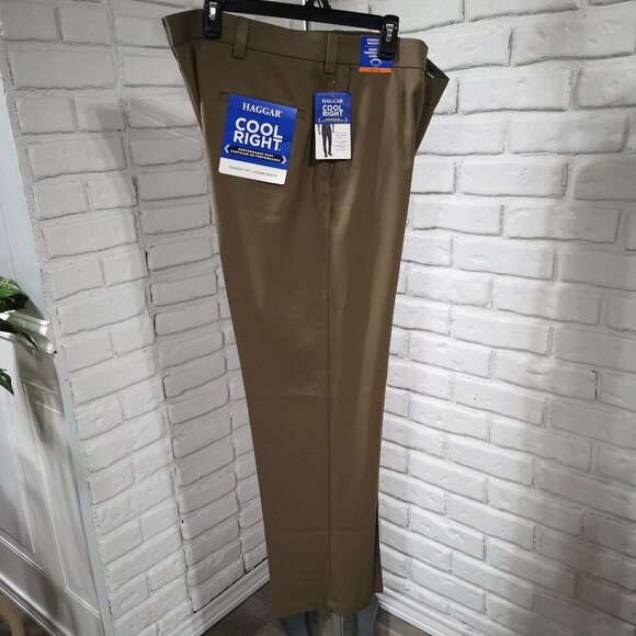 NWT Haggar Cool Right Men's Size 42/32 Flat Front Straight Fit Tan Pants - Picture 1 of 16